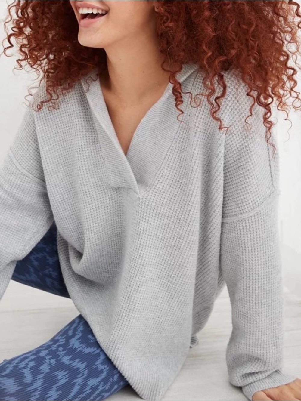 Aerie CozyUp Waffle Sweater Hoodie Gray Medium